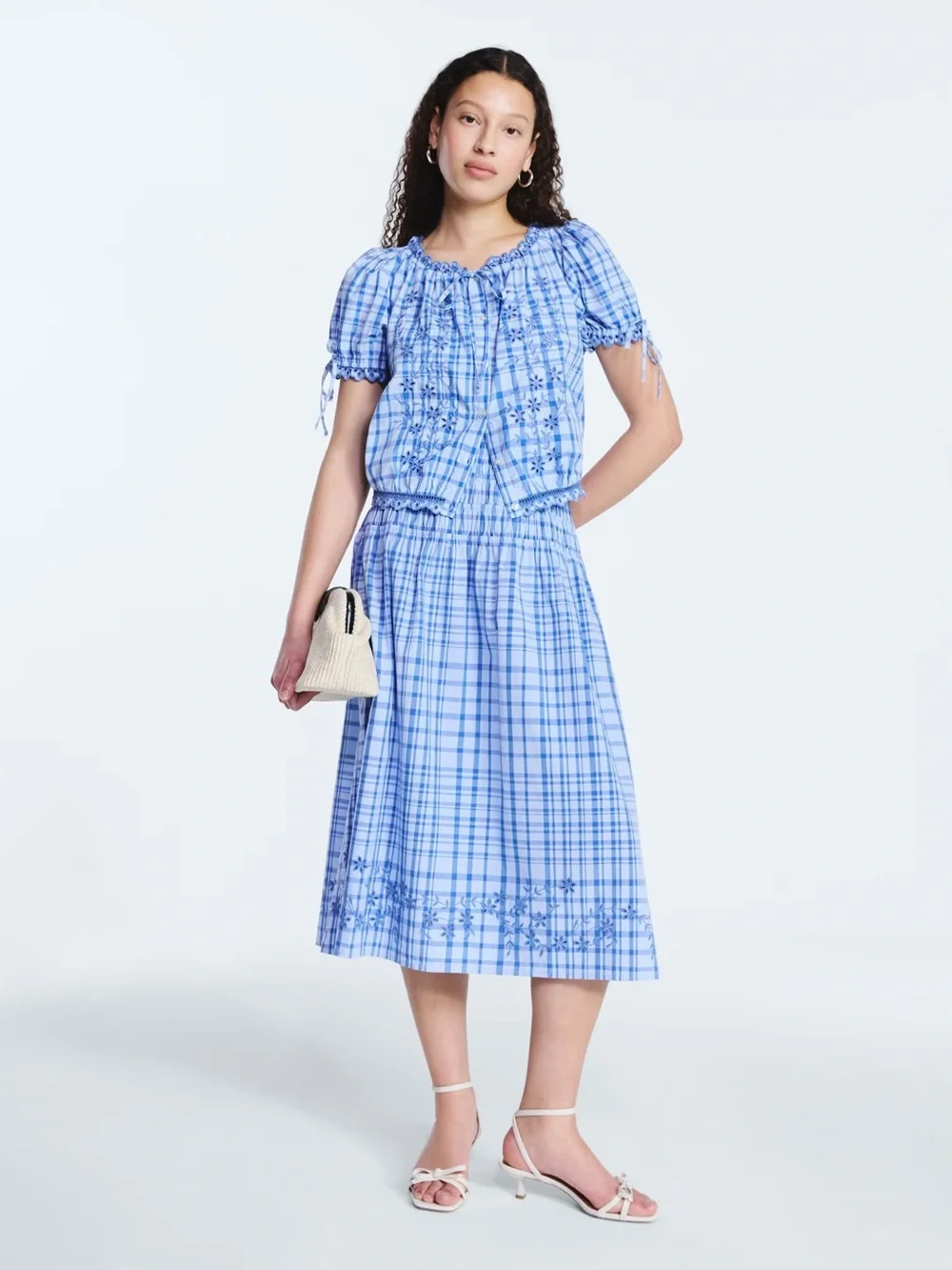 NEW Free Assembly Blue Plaid Embroidered Midi Skirt